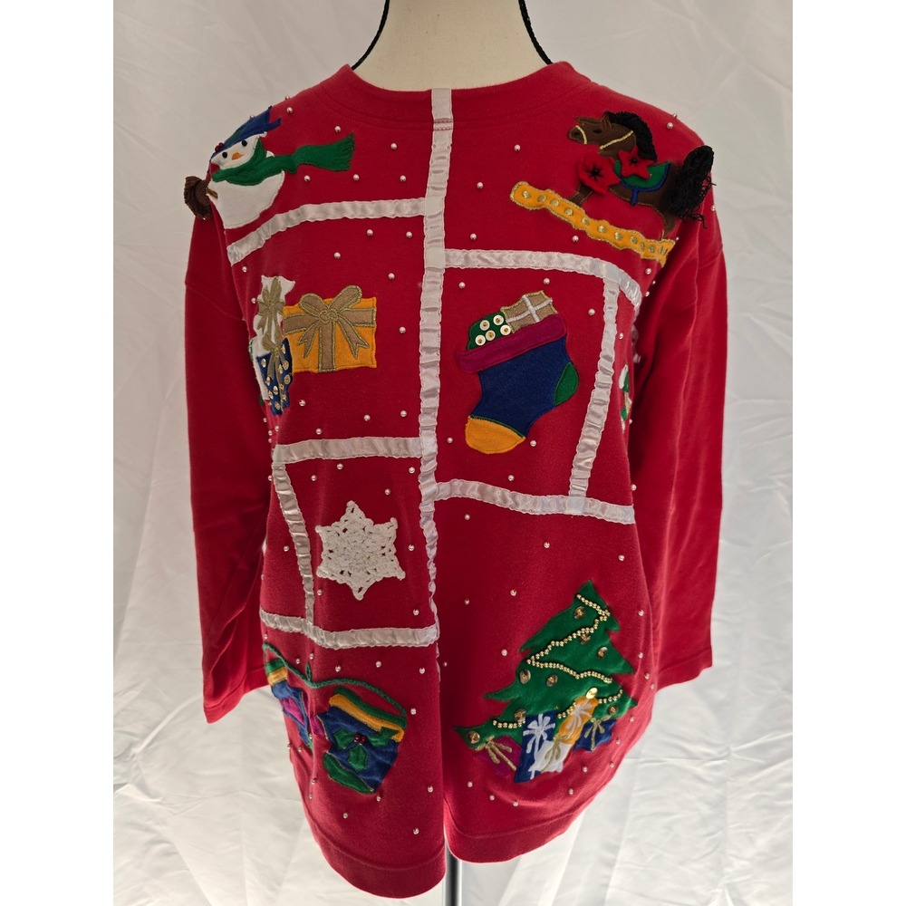Claus Sport Womens Ugly Christmas Sweater Red Long Sleeve Snowman Presents XL